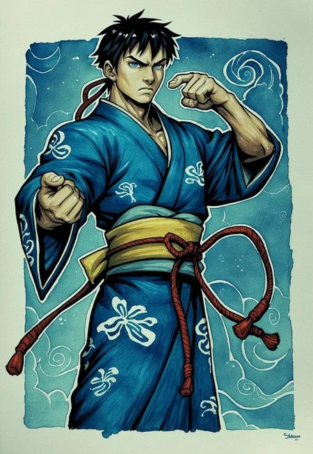 PonyXLV6_Scores 1boy, male focus, martial artist, kimono, black hair, blue eyes, bishonen, video game character, street fighter, OH GOD, traditional media, FALLENINCURSIO MIGHT KICK ME I AM TIRED, art by whatever, trending on pixiv, WatercolorMangaPDXL