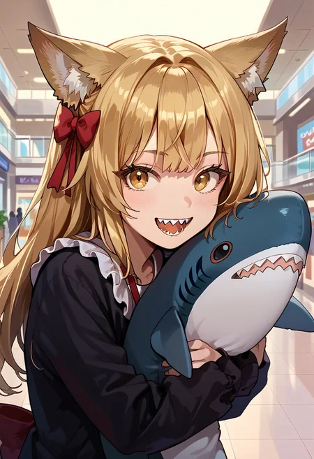 score_9, score_8_up, score_7_up, source_anime, fox girl, cute face, blonde long hair, tail, red bow in hair, solo, portrait, mall, crowd, open mouth, looking at viewer, open mouth, sharp teeth, presenting shark, hugging, shark, stuffed shark, detailed background