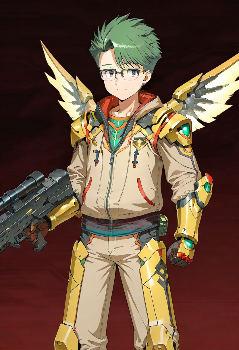gb4_tao, green hair, short hair, grey eyes, 1boy, solo, male focus, glasses, lean body, young, youthful, wear mecha armor with eagle mecha wings, yellow mecha armor theme, fly toward the viewer, fight pose, high quality,  armaments equipped in the armor,  score_9, futuristic city in the background, BREAK, his right hand is holding beam rifle, high quality, best quality, masterpiece, detailed draw,detailed eyes, detailed face