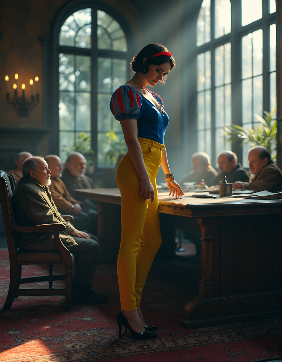 Large spacious office in Gothic style. A large oak table. Tall mature Snow White stands at the head, leaning her hands on the table, an aggressive pose, an evil expression on her face, wide hips. Stylish strict fitted pantsuit in blue and yellow, short black hair, red hoop in her hair, (bdsm props, gothic style, dynamic pose, heels, sexy). There are seven short stocky old dwarf sitting at the table with a sullen, guilty look, perfect hands.

with rays of sunlight piercing through the misty atmosphere. masterpiece. An otherworldly atmosphere, Mysticism. mythp0rt, 

(Depth of field),detail. mythp0rt, Stylish, charismatic.
 .

 An otherworldly atmosphere.
(Depth of field), low saturation,detail. mythp0rt Stylish, charismatic. ,.
masterpiece,   ,KNRm,   embedding:SD15\charturnerv2, CPA,

Otherworldly atmosphere. aidmamj6.1
(Depth of field), low saturation,detail. mythp0rt Stylish, charismatic


