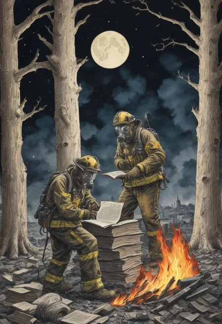 firemen around a fire made from books, firemen started the fire, wearing gas masks, full moon night