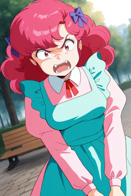<lora:Ran_(1981):0.8> ran, pink eyes, (pointy ears:0.6), curly hair, pink hair, medium breasts, retro artstyle, 1980s (style), hair ornament, ribbon, aqua apron, collared dress, maid apron, park, park bench, tree, day, stone walkway, angry, open mouth, fangs, Dutch Angle, looking at nothing, (1girl:2, solo:2), masterpiece, best quality, very aesthetic, absurdres, amazing quality masterpiece, hyper-detailed, (8k uhd::1.4), intense atmosphere, detailed clothing, dramatic lighting, (perfect hands), detailed face,