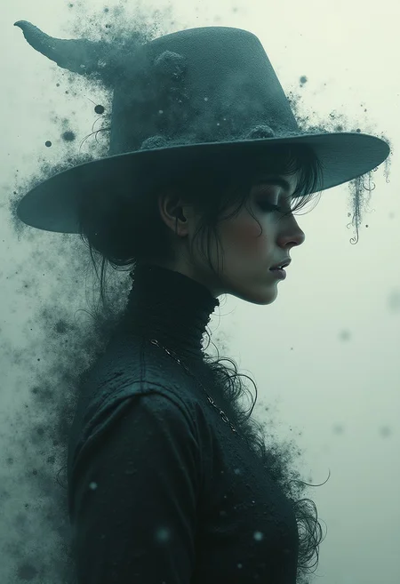 masterpiece, professional artwork, intricate details, inspired by Jeremy Mann and Tom Bagshaw, glitch, double exposure, fantasy theme, hologram, witch