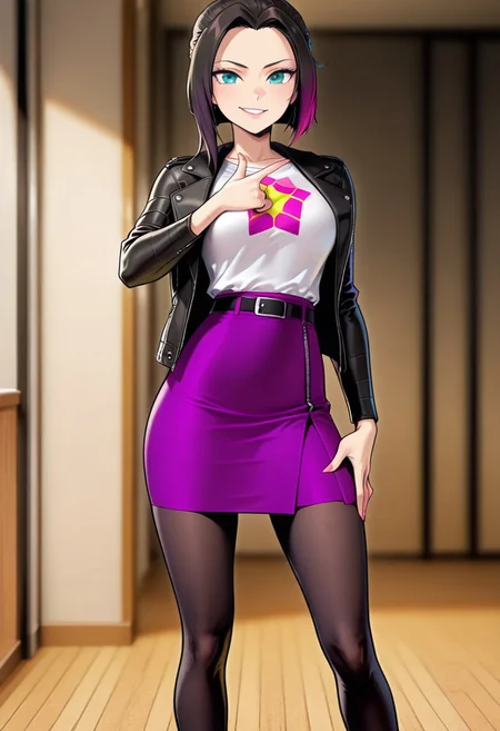 masterpiece, good quality, best quality, dynamic view, original style, screencap, TDPstyle
Zoe, blue eyes, black hair, purple tips, black leather jacket, white shirt, star shirt, purple skirt, black leggings, medium breast,
(solo, seducing, sexy pose, dynamic pose, looking at viewer, aroused,)