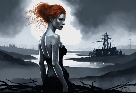 a watercolor painting of a female born from the ashes, from behind.
Her (ginger undone hair:1.2) covers part of her beautiful face and bare chest, cold blue eyes. 

There is diffuse, misty and smoky atmosphere around her, giving the picture a menacing element. 
The picture is painted in a monochromatic scheme, mainly with shades of black, white and gray.

(dystopian style, highly detailed, bleak, post-apocalyptic, somber, dramatic)