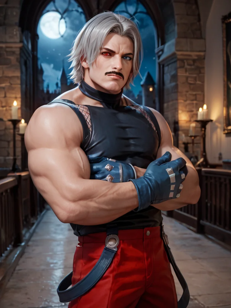score_9, score_8_up, score_7_up, score_6_up, <lora:RugalP-05:1>, RugalP, 1boy, male focus, mature male, mustache, blue eyes, red eyes, heterochromia, short hair, grey hair, muscular, gloves, black shirt, bare shoulders, red pants, in castle, night, realistic, zPDXL2
