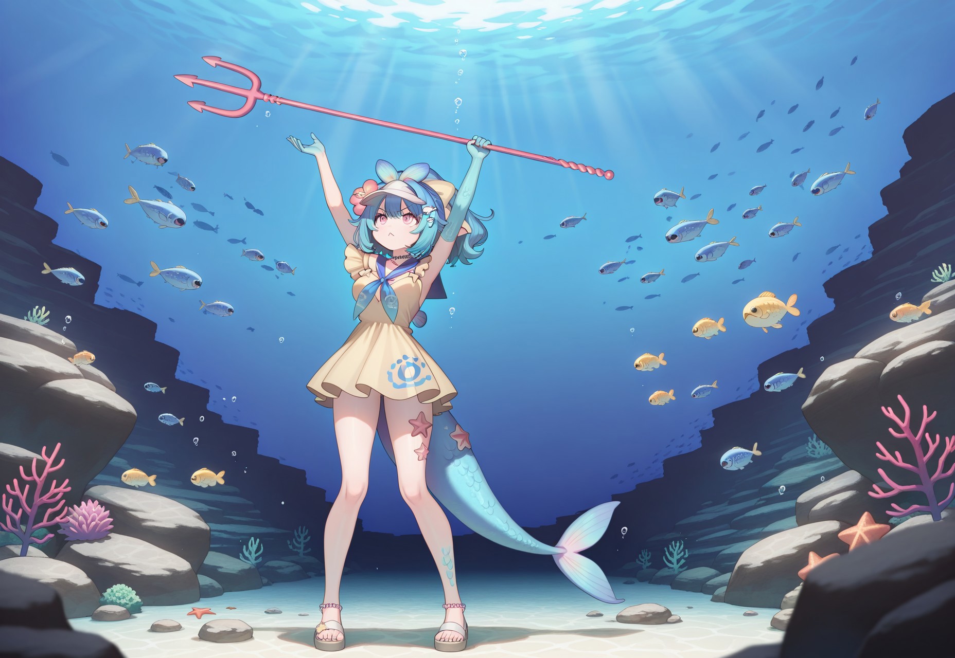 masterpiece, best quality, wide shot,  lazuli, 1girl, blue hair, hair bow, yellow bow, pink eyes, short hair, wide ponytail, medium breasts, fish tail, blue scales, head fins, visor cap, fish hair ornament, hair flower, pearl choker, sailor dress, yellow dress, single off shoulder, neckerchief, blue arms, blue hands, standing, trident, holding trident, :<,  looking afar, underwater, rocks, fish, looking up, foreshortening, fang, v-shaped eyebrows, arms up