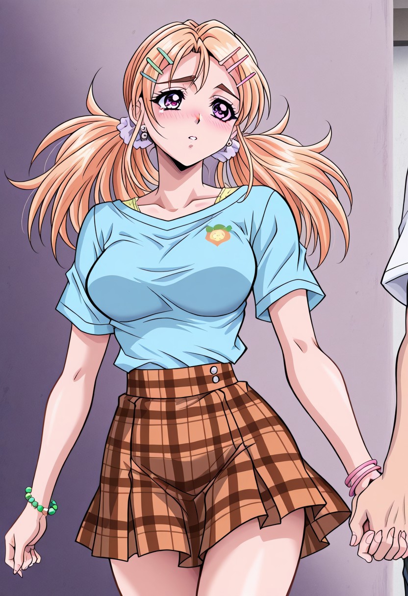 masterpiece, best quality, newest, highres, uncensored, 1girl, yokota mamoru style,1girl,
Yamazaki Kanna，Blonde Hair, Long Hair, Parted to Side, Shoulder-length Hair, Twin Tails, Tareme eyes,pink eyes, Slim
1girl, skirt, blush, twintails, hairclip, holding hands,  hair ornament, jewelry, solo focus, plaid, plaid skirt, bracelet, long hair, 1boy, earrings