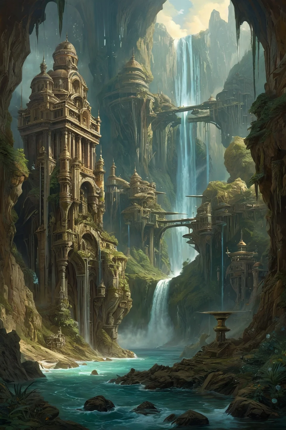biomechanical style, Baroque, landscape,creator landscape,tsunami-scale waterfalls cascading from floating continent cliffs, each grain containing stellar nursery echoes, atmospheres thick with diamond dust precipitation,
<lora:clear:0.15> 
<lora:greg_rutkowski_xl_2:0.3> greg rutkowski,
<lora:extremely_detailed:0.7> extremely detailed ,
<lora:add-detail-xl:0.7>,, dramatic, exuberant, grandeur, baroque art, oil painting art style from Renaissance period, masterful composition, Renaissance mood, renaissance oil painting, brush strokes, Biomechanical art style, Biology, Machinery, Intricate, Surreal, Organic Forms, Mechanical Structures, Futuristic, Cyberpunk, Fusion, Nature, Technology, blend of organic and mechanical elements, futuristic, cybernetic, detailed, intricate