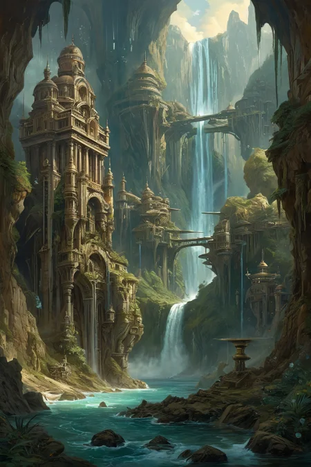 biomechanical style, Baroque, landscape,creator landscape,tsunami-scale waterfalls cascading from floating continent cliffs, each grain containing stellar nursery echoes, atmospheres thick with diamond dust precipitation,
<lora:clear:0.15>
<lora:greg_rutkowski_xl_2:0.3> greg rutkowski,
<lora:extremely_detailed:0.7> extremely detailed ,
<lora:add-detail-xl:0.7>,, dramatic, exuberant, grandeur, baroque art, oil painting art style from Renaissance period, masterful composition, Renaissance mood, renaissance oil painting, brush strokes, Biomechanical art style, Biology, Machinery, Intricate, Surreal, Organic Forms, Mechanical Structures, Futuristic, Cyberpunk, Fusion, Nature, Technology, blend of organic and mechanical elements, futuristic, cybernetic, detailed, intricate
