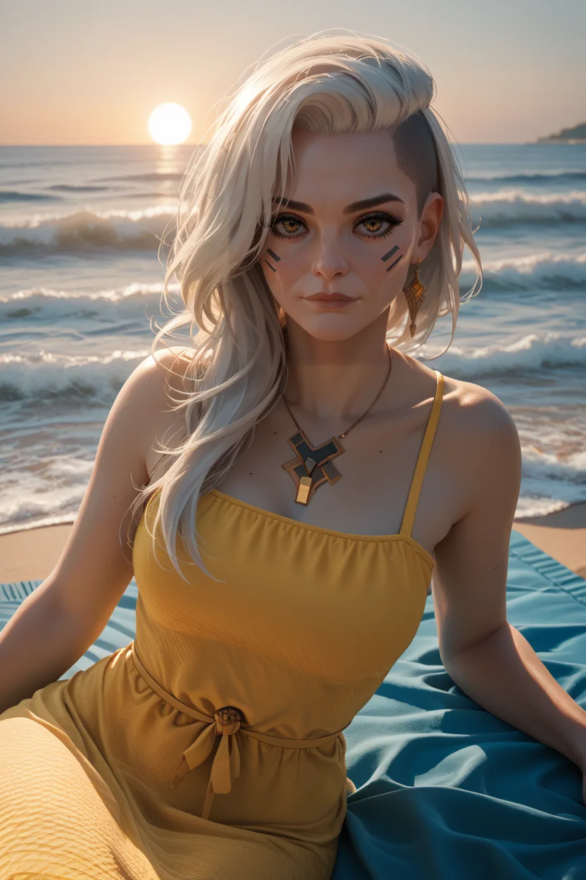 score_9, score_8_up, score_7_up, score_6_up
<lora:CyberRogueOld:0.8>
CyberRogueOld, 1girl, white hair, asymmetrical hair, looking at viewer, Laying on a beach towel, looking at viewer, ocean waves in the background, golden sunset lighting, relaxed and carefree atmosphere