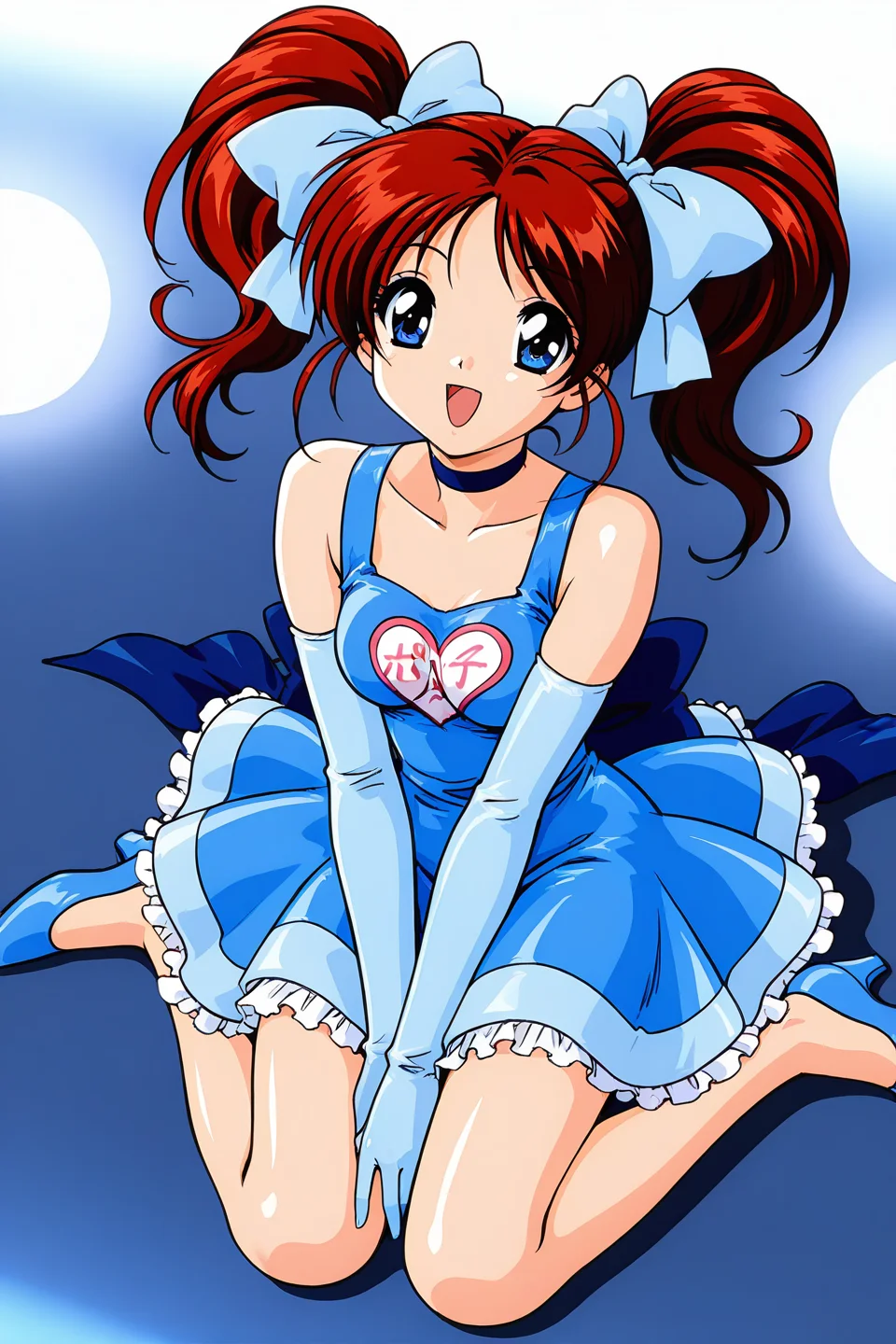 masterpiece, best quality, absurdres, official art, official style, rating general BREAK,
<lora:janjans1-hina_IL2_v1:0.7>, kawahara hina, 1girl, solo, red hair, blue eyes, parted bangs, short hair, short twintails, hair ribbon, yellow ribbon, shiny hair, retro artstyle, 1990s \(style\), anime coloring, choker, sitting, open mouth, blue dress, smile, elbow gloves, heart print, v arms, looking at viewer, wariza, full body, shoes, clothes writing, white background, high heels, blue footwear, bare shoulders, :d, blue bow, collarbone, blue choker, happy, petticoat, hand between legs, short dress, back bow, light blue glove, sleeveless dress, idol, frilled dress, light blue ribbon, large bow, small breasts, frilled skirt, dress bow, blue gloves, from above, eye focus, close-up, portrait, stage, stage lights, penlight \(glowstick\)