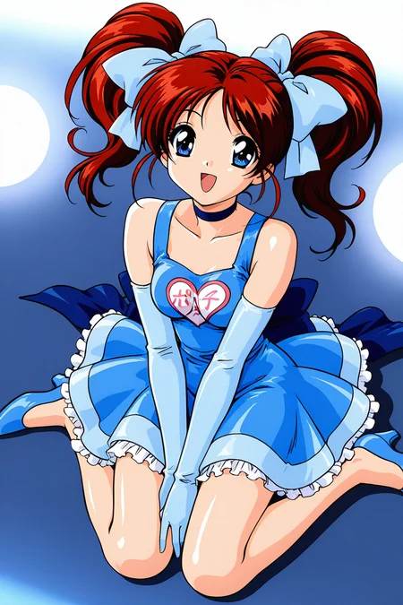 masterpiece, best quality, absurdres, official art, official style, rating general BREAK,
<lora:janjans1-hina_IL2_v1:0.7>, kawahara hina, 1girl, solo, red hair, blue eyes, parted bangs, short hair, short twintails, hair ribbon, yellow ribbon, shiny hair, retro artstyle, 1990s \(style\), anime coloring, choker, sitting, open mouth, blue dress, smile, elbow gloves, heart print, v arms, looking at viewer, wariza, full body, shoes, clothes writing, white background, high heels, blue footwear, bare shoulders, :d, blue bow, collarbone, blue choker, happy, petticoat, hand between legs, short dress, back bow, light blue glove, sleeveless dress, idol, frilled dress, light blue ribbon, large bow, small breasts, frilled skirt, dress bow, blue gloves, from above, eye focus, close-up, portrait, stage, stage lights, penlight \(glowstick\)