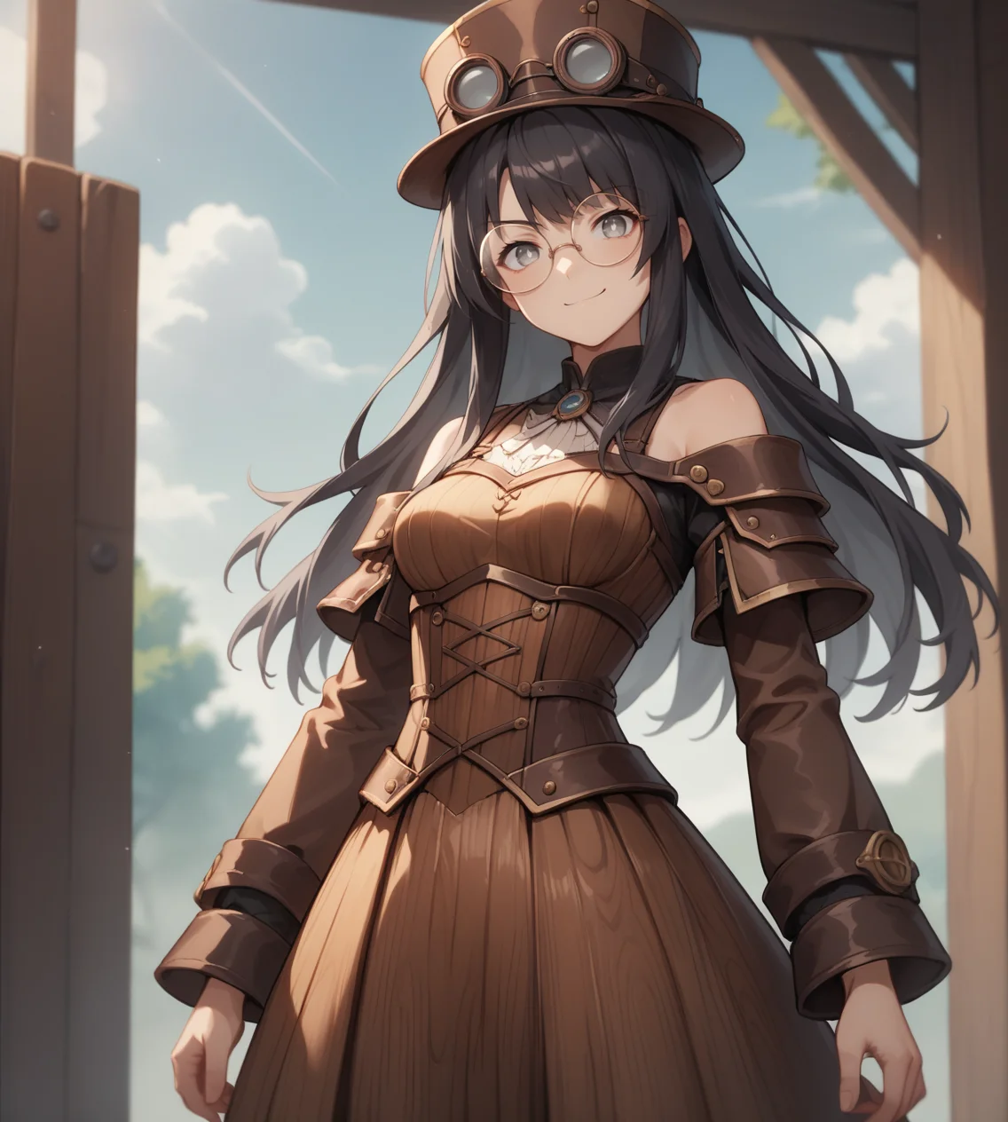 score_9, score_8_up, score_7_up, score_6_up, source anime, 1girl, solo, standing, off shoulder, armor, long sleeves, steampunk, hat, medium breasts, gradient hair, black hair, red tips, long hair, grey eyes, white pupils, smirk, portrait, bangs, closed mouth, round glasses, medium breasts, (wooden dress:1.2), (wooden clothes:1.1)
<lora:wooden_10_blocks_comp:0.6>
