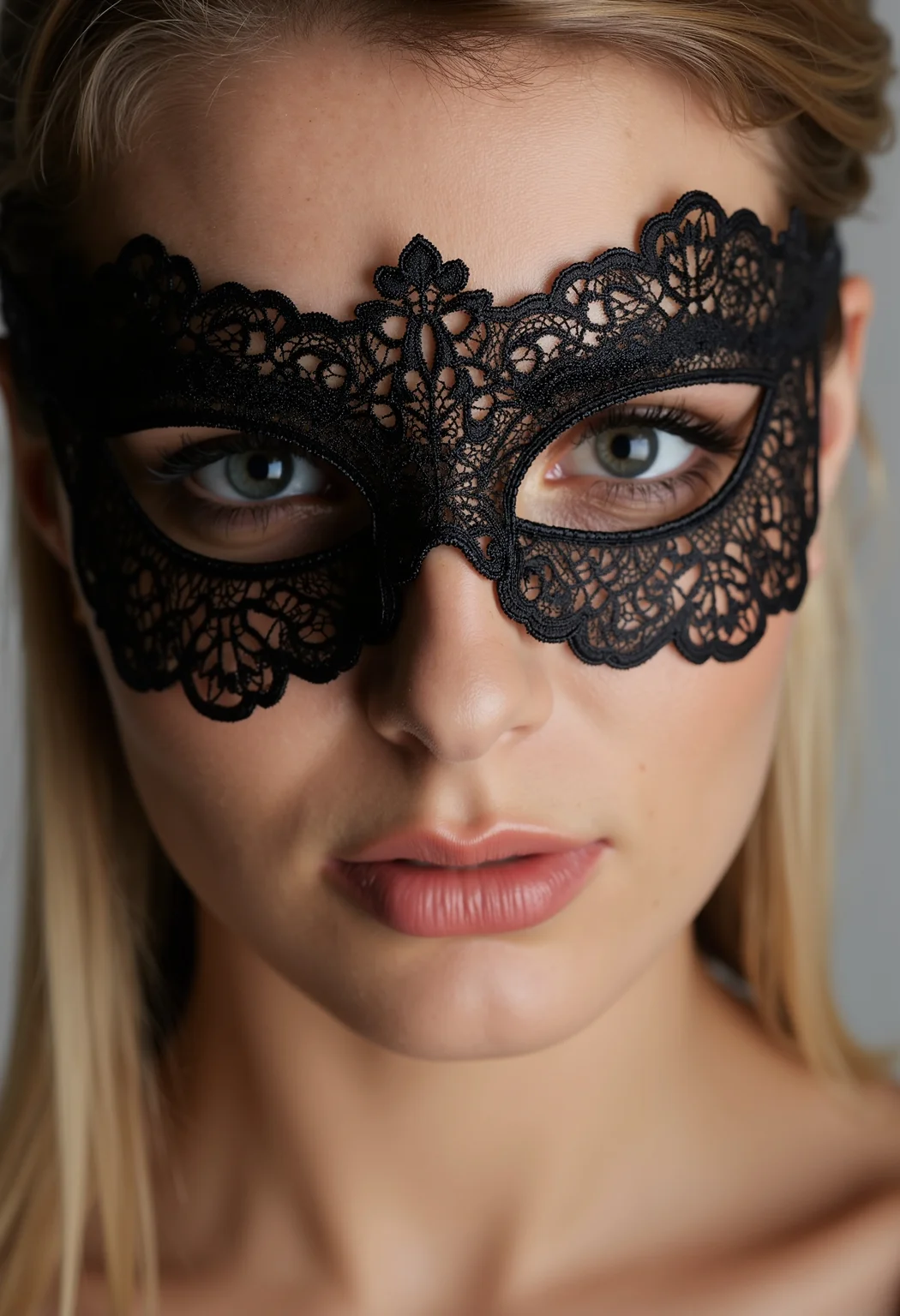 face shot, Beautiful young woman, long blond hair, medium round breasts, clo012, wearing a black lace eye mask with delicate, symmetrical patterns,