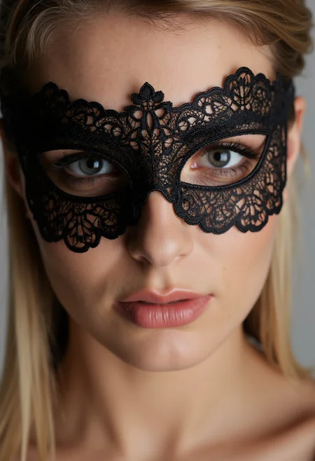 face shot, Beautiful young woman, long blond hair, medium round breasts, clo012, wearing a black lace eye mask with delicate, symmetrical patterns,