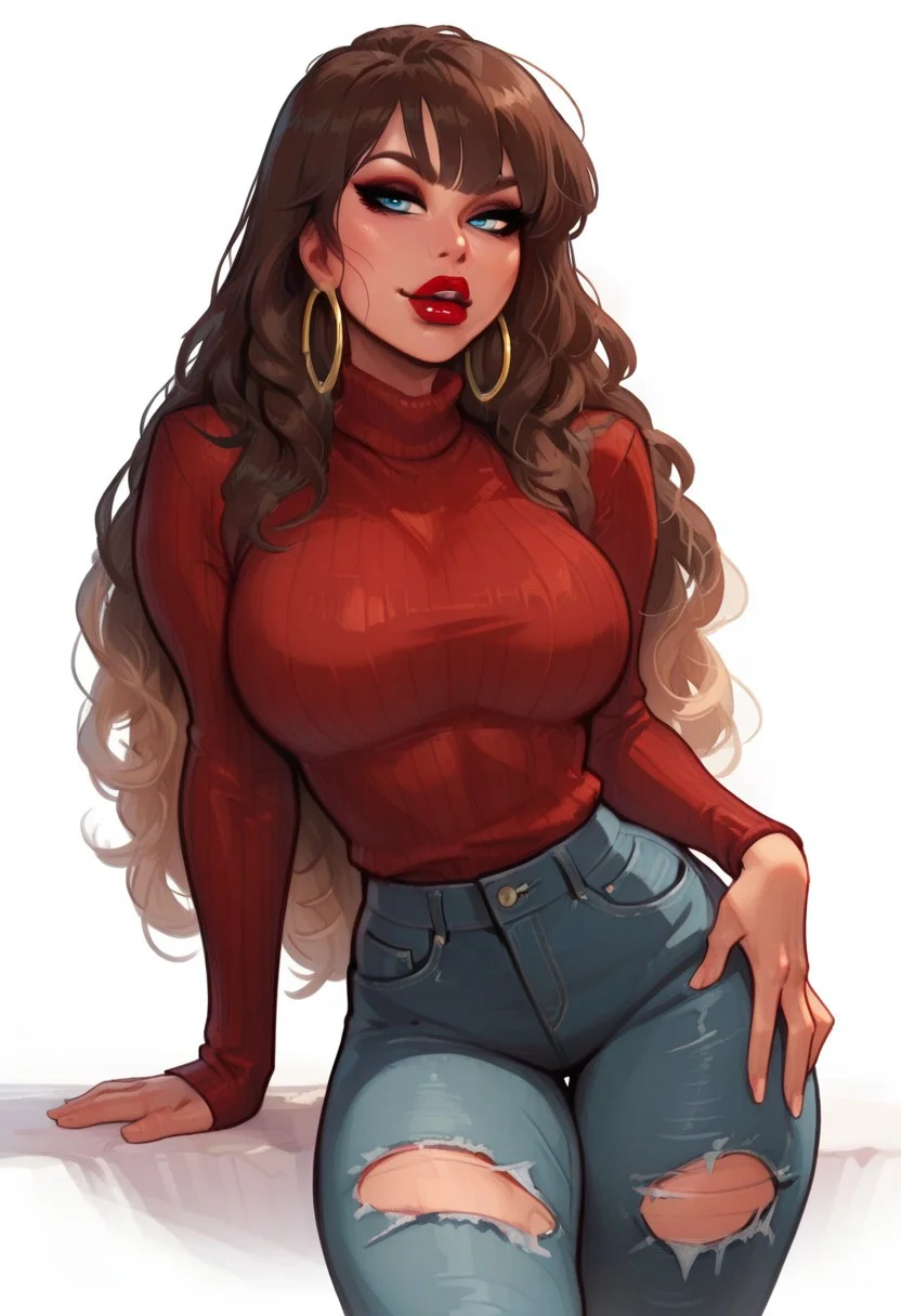 Seductive beauty, masterpiece,best quality,amazing quality,<lora:thepit_illustrious_goofy:1>,solo, blonde hair, blue eyes, female, female only, long hair, ribbed sweater, curly hair, very long hair, brown hair, red lips, makeup, thick thighs,white background, red sweater, hoop earrings, jewelry,denim, pants, torn pants,
