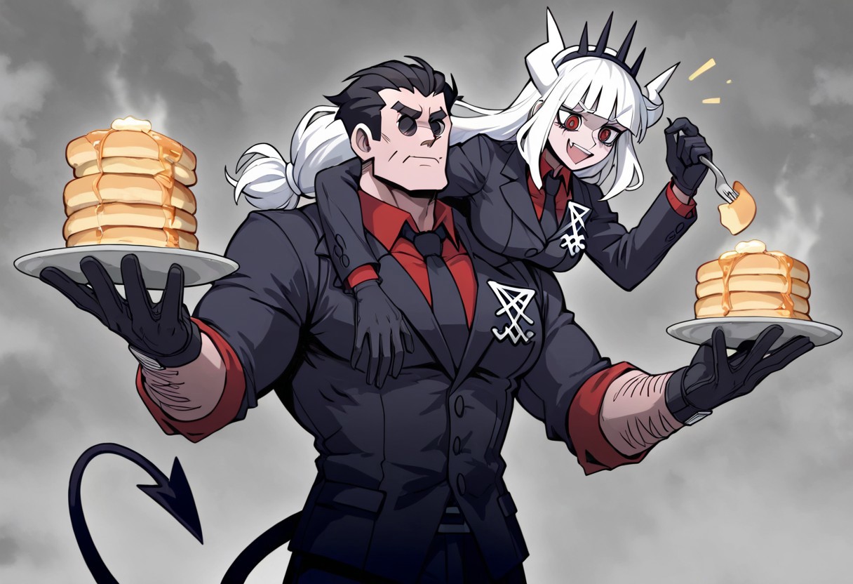masterpiece, best quality, newest, absurdres, highres, anime, anime style, 1boy, helltaker (helltaker), black hair, short hair, muscular, muscular male, PRC-V1.0, piggyback, carrying, holding, holding pancake, pancake,
1girl, lucifer (helltaker), black suit, red necktie, black collared shirt, black gloves, blunt bangs, demon horns, demon girl, demon tail, red eyes, white hair, long hair