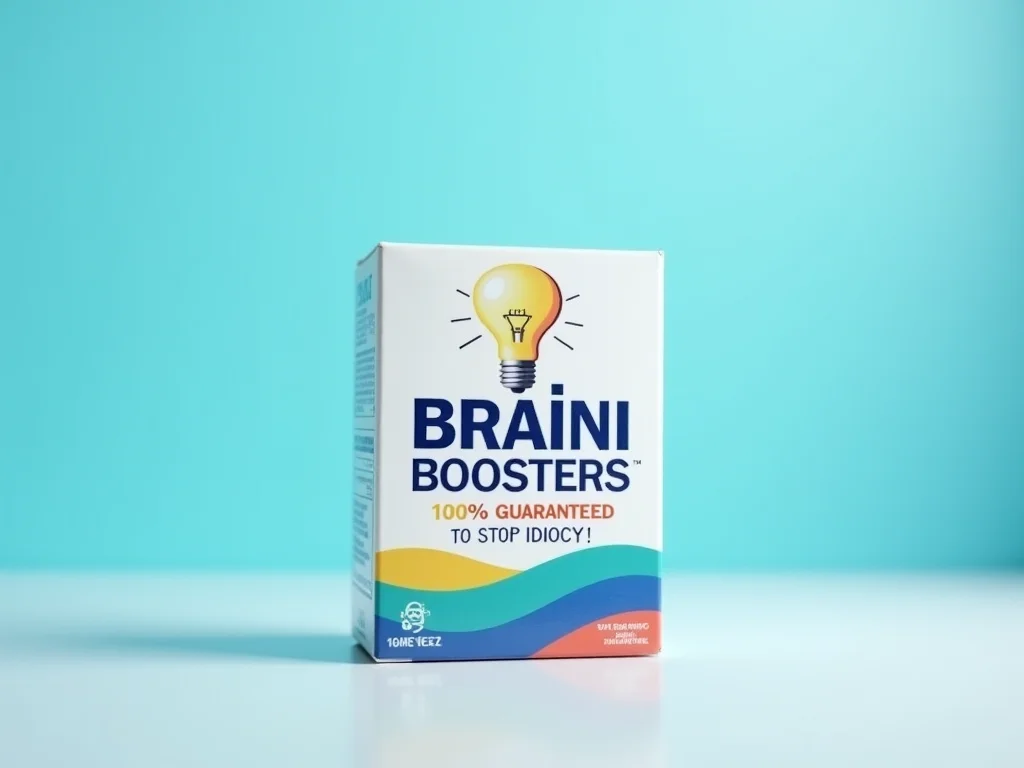 The advertisement features Smarty-Pants Pills as the central focus, prominently placed in the foreground against a softly blurred, single-color backgroundâperhaps a calming light blue that enhances the visual appeal. The packaging resembles an upscale medication box, with a clean white base accented by vibrant colors. The front boldly displays the brand name, âBraini-Boostersâ in large, modern font, accompanied by the tagline, â100% Guaranteed to Stop Idiocy!â Above the text, a whimsical graphic of a light bulb symbolizes enlightenment. With the box set against the soft, blurred background, the advertisement effectively draws attention to the clever design and humorous messaging, creating an engaging and memorable visual that captures the essence of the product., best quality, 4k, 8k, high resolution, cinematic, vibrant, intricate, Hyperrealistic, high detail