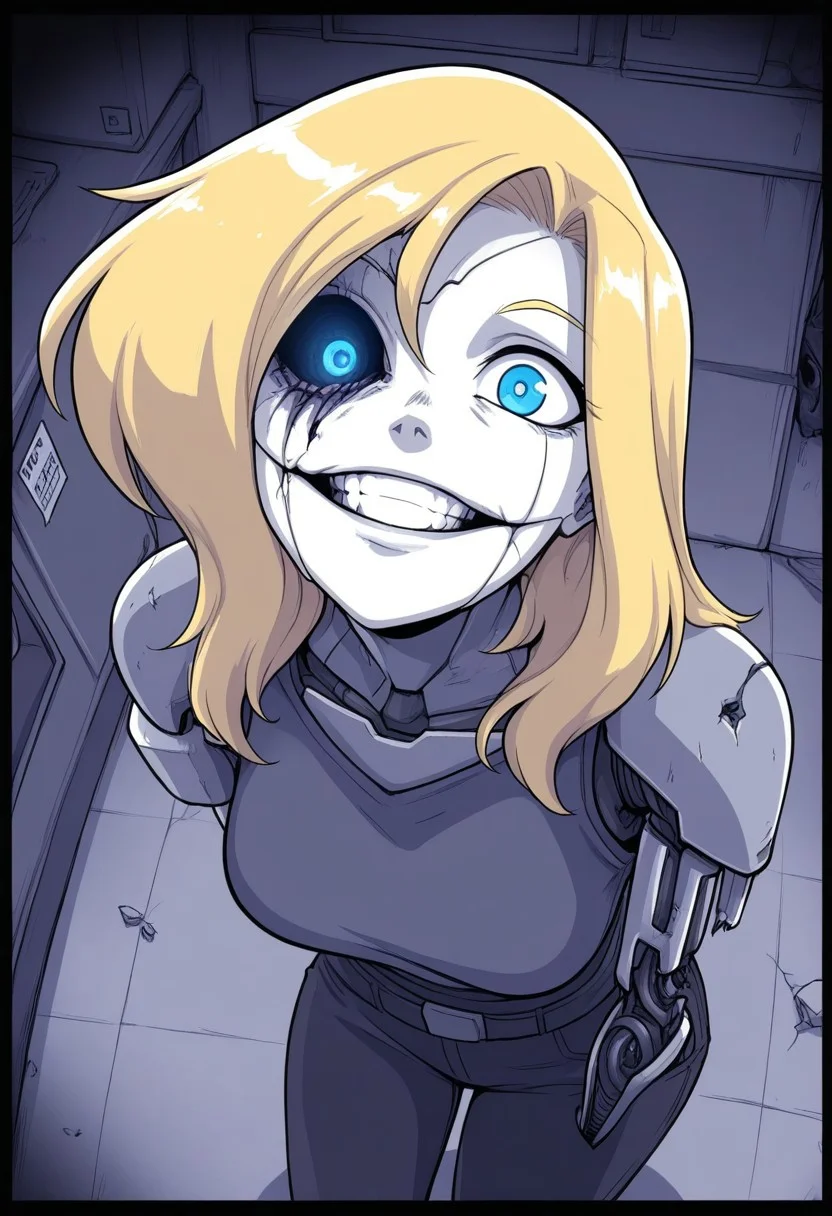 Ellie Buckingham, ((Bright Blond hair)), Blond Hair, Blond Bright blue eyes. Western Style Artwork. Bold Lines,
high detail, high res, detailed eyes
masterpiece, good quality, best quality, robot girl, missing eye, crazy, creepy, horror, grin, 1girl, broken, R3troCRTGr33n, monochrome,security footage, dark themed, framed, from above, from angle, hanging jaw, headtilt, damaged robot, missing arm