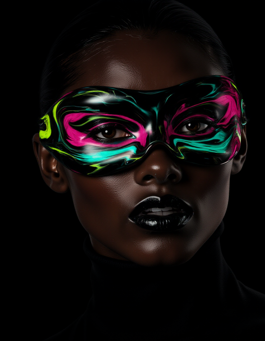 A closeup of a model wearing a sleek, high-fashion mask that wraps around her eyes, crafted from glossy liquid marble in neon pink, turquoise, and lime green. The black background enhances the vibrant glow of the marble, which appears to pulse with energy. Her lips are painted matte black, contrasting sharply with the luminous textures of the mask. Her skin is smooth and subtly highlighted, with a faint glow along her cheekbones to echo the neon aesthetic.
<lora:ral-lqdmrbls-flux_000004000:1>
