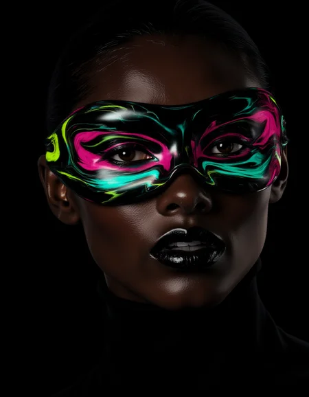 A closeup of a model wearing a sleek, high-fashion mask that wraps around her eyes, crafted from glossy liquid marble in neon pink, turquoise, and lime green. The black background enhances the vibrant glow of the marble, which appears to pulse with energy. Her lips are painted matte black, contrasting sharply with the luminous textures of the mask. Her skin is smooth and subtly highlighted, with a faint glow along her cheekbones to echo the neon aesthetic.
<lora:ral-lqdmrbls-flux_000004000:1>