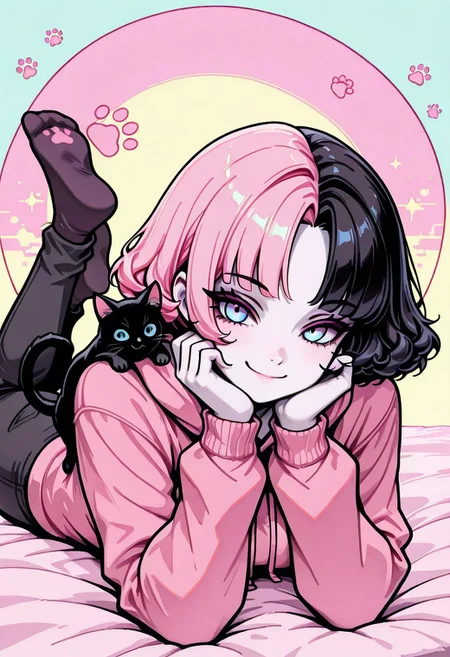 masterpiece, best quality, 32k, high resolution, absurdres, vector art, flat colors, s1n0p0p, in the style of Jedpstgl, Impressionism, Vaporwave,Pixel Art, Sabrina, SabrinaRH, short hair, bobcut, ((Pink-black) split hair, split-color hair,) curled hair tips, parted bangs, blue eyes, medium breasts, pale skin, pink hoodie, cats paw print, pants, dual color background (pink-black) , abstracts, cowboy shot, looking at the viewer,, smiling, cat, cat on her shoulders , laying on stomach, head resting, feet up, socks, focus on face, face closeup,