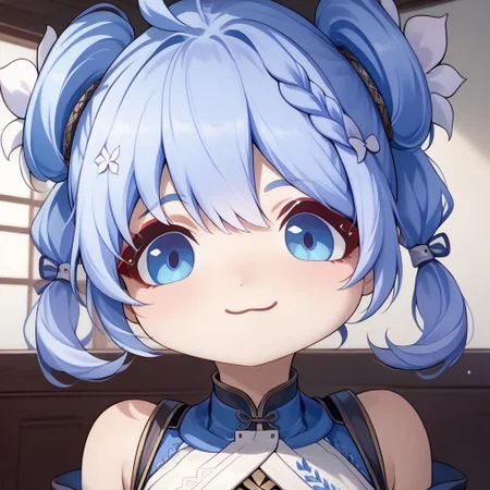 score_9, score_8_up, score_7_up, source_anime, solo, 1girl,YOUHU_(WUTHERING_WAVES) ,mutsukiface, chibi, portrait, smile, closed mouth, blue hair,hair ornament,bow,bare shoulders,sitting,ahoge,braid,flower,heart,:d,hair bow,
