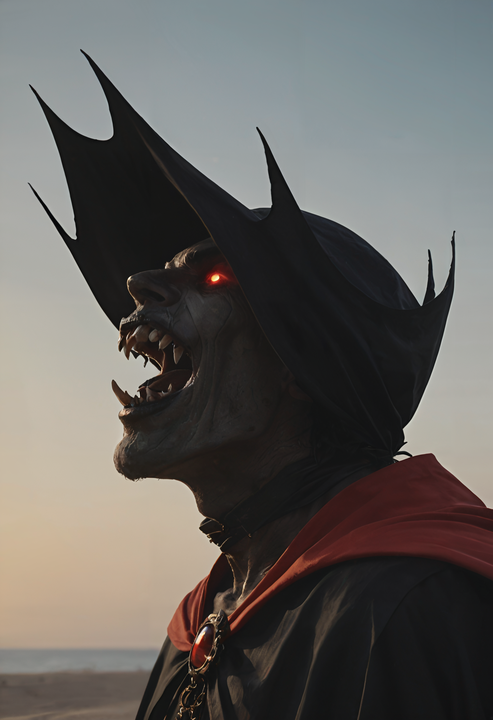 score_9, score_8_up, score_7_up, source_photo, Sandy dune hideaway atmosphere, vampire, solo, 1boy, fangs, black_hair, ribbon, open_mouth, red_eyes, cape, Back-facing silhouette, rating_safe, <lora:pony\nocturnal_indecent:0.5000000000000001>