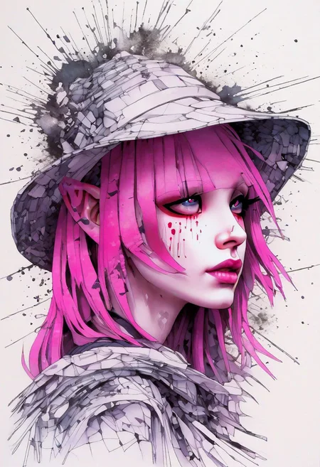 masterpiece,best quality,mysterious silhouette woman with hat,by Minjae Lee,Carne Griffiths,Emily Kell,Steve McCurry,Geoffroy Thoorens,Aaron Horkey,Jordan Grimmer,Greg Rutkowski,(1 girl, solo, pink hair, elf ears,)
amazing depth,double exposure,surreal,geometric patterns,intricately detailed,bokeh,perfect balanced,deep fine borders,artistic photorealism,smooth,great masterwork by head of prompt engineering,<lora:Zenpainting l -SDXL_v1.0:0.7>, zen painting illustration,