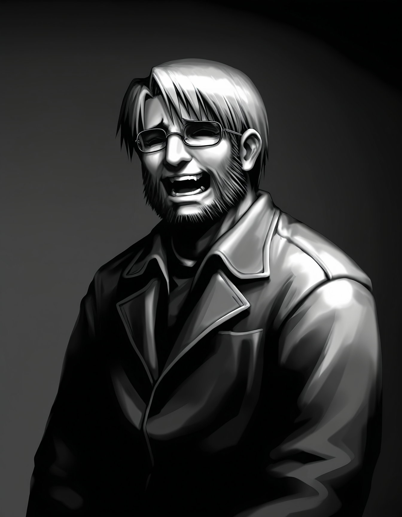 1boy, male focus, 
toshiaki, glasses, facial hair, beard, 
glasses,  laughing, 
simple background, upper body, 
monochrome, greyscale,
masterpiece,best quality,amazing quality,very aesthetic,absurdres,newest,
<lora:StS-Illustrious-Detail-Slider-v1.0:1.5>, <lora:99coins_toshiaki_05:1>