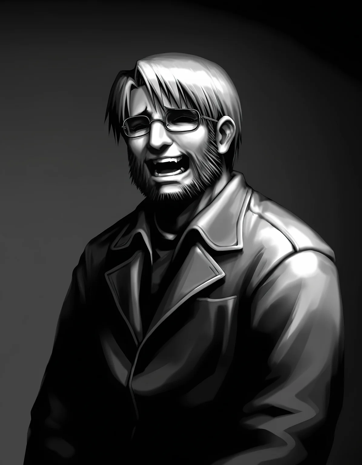 1boy, male focus,
toshiaki, glasses, facial hair, beard,
glasses, laughing,
simple background, upper body,
monochrome, greyscale,
masterpiece,best quality,amazing quality,very aesthetic,absurdres,newest,
<lora:StS-Illustrious-Detail-Slider-v1.0:1.5>, <lora:99coins_toshiaki_05:1>