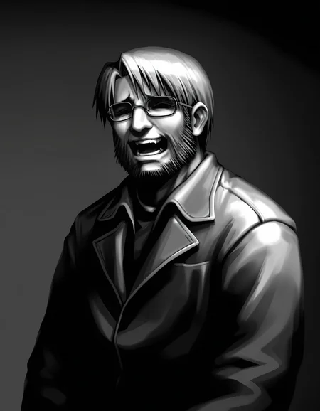 1boy, male focus, 
toshiaki, glasses, facial hair, beard, 
glasses,  laughing, 
simple background, upper body, 
monochrome, greyscale,
masterpiece,best quality,amazing quality,very aesthetic,absurdres,newest,
<lora:StS-Illustrious-Detail-Slider-v1.0:1.5>, <lora:99coins_toshiaki_05:1>