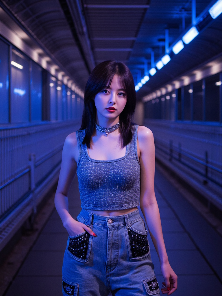 There are wonderful studio lights and various reflections,her thin face is very delicate,
18yo beautiful cute girl with blushing and female orgasm.skin naturally showing the texture of blood vessels and detailed pale skin,looking at viewer,
cowboy shot,full body,--,
--,<lora:Xin_Zhilei_f1_rank2_bf16:1>,she is Xin Zhilei,
--, A Y2Kâurban fusion featuring a rhinestoneâencrusted denim bustier and matching track pants with cargo pockets, paired with reflective aviator glasses and chrome choker, posed in an LEDâlit subway tunnel â the hardâedged backdrop and scintillating details make her allure undeniable.