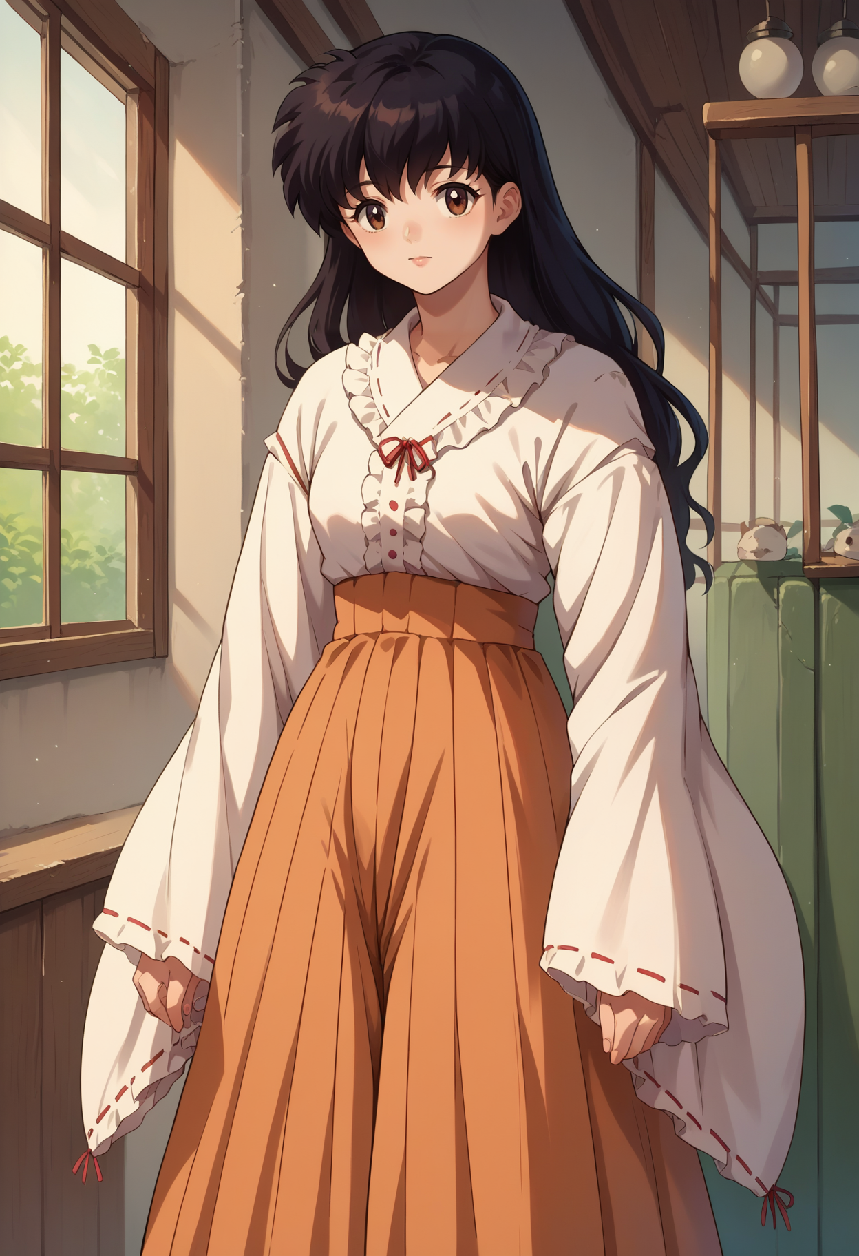 score_7, score_8_up, score_7_up, source_anime, 1girl, solo, looking at viewer, <lora:EPinKagumeSDXL-13:1.0>, EPinKagome, black hair, brown eyes, long hair, detailed background, wide sleeves, frilled shirt, layered skirt, cowboy shot, indoors, [living room|kitchen|bed room|classroom|bath room| train interior| car interior|bus interior|bus stop|train station|changing room| stairwell]
