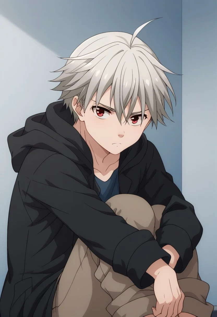 score_9, score_8_up, score_7_up, source_anime, highly detailed,
yoshio1boy, male focus, solo, red eyes, hood, hoodie, ahoge,
grey hair, black hoodie, brown pants, shirt, blue shirt, open hoodie, open clothes, sit, hugging own legs upper body, frown,
indoor,