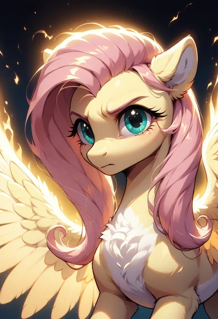 core_9, score_8_up, score_7_up, score_5_up, source_anime, Fluttershy, depicted as a fierce and magical pony with clearly equine facial features, surrounded by vibrant and glowing magical energy. The magic swirls around her in shades of neon pink and red, with glowing embers and dynamic lighting effects creating a dramatic and intense atmosphere. Her expression is serious and determined, emphasizing her strength and focus. The background is dark, enhancing the glowing elements and the fiery magic surrounding her, with a painterly art style full of vivid colors and striking contrasts. Pony-style anatomy and features.