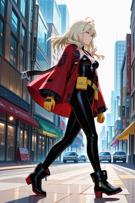 masterpiece, best quality, anime, 2d, 1girl, (slender), (medium breasts), solo, <lora:VeraRustamova-ILXL-V1:1> v3r4rust,
BREAK (medium hair, platinum blonde hair), outdoors, day, city, science fiction,
BREAK (red jacket, open jacket, yellow gloves, black bodysuit, strapless, cleavage, yellow belt pouch, detached collar, black footwear, ankle boots),
BREAK (full body, walking, dynamic pose, from side:1.4), (expressionless, green eyes)
BREAK <lora:RealisticAnimeIXL:0.5> , bokeh, luminescent background,
