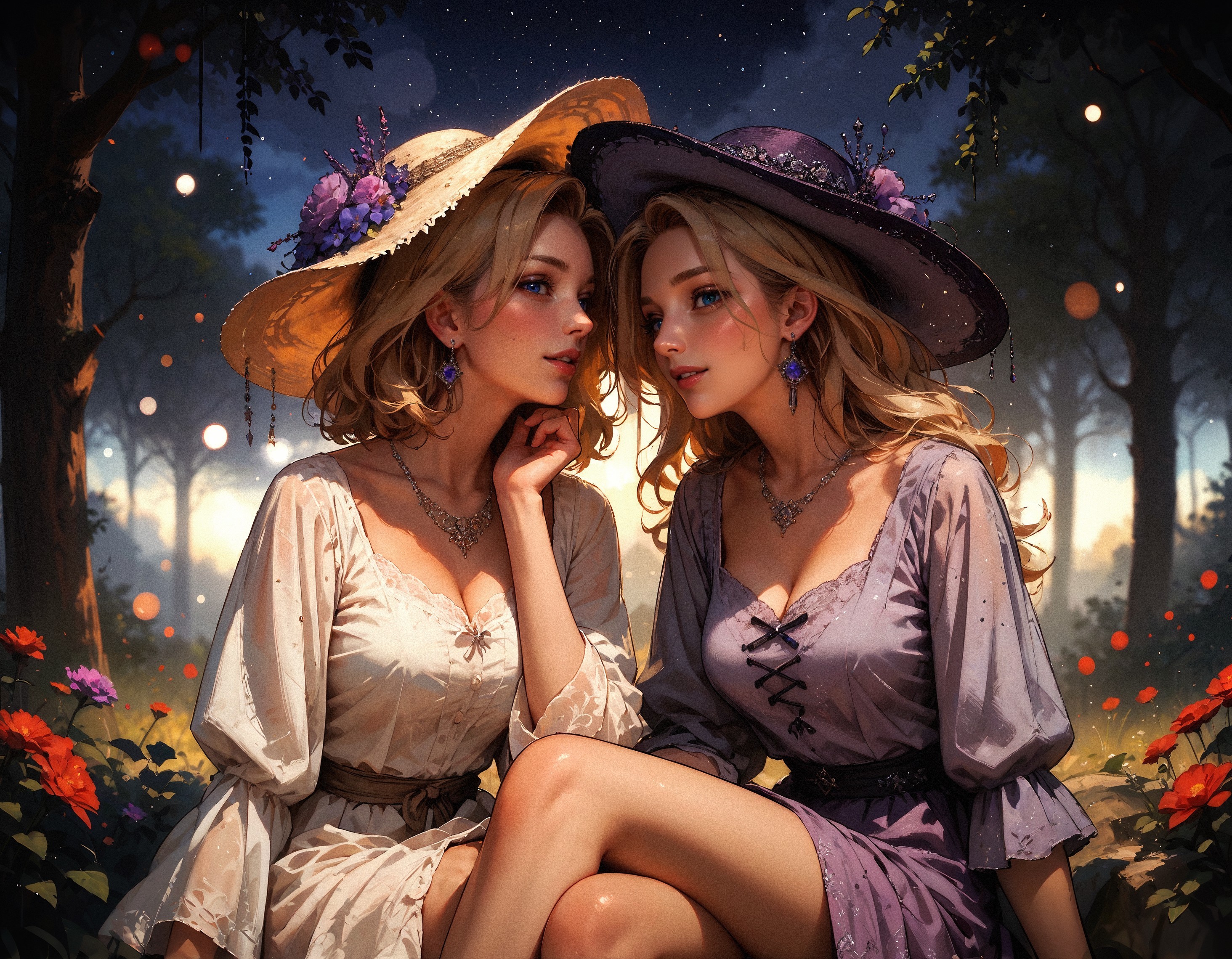 score_9, score_8_up, score_7_up, score_6_up, score_5_up, score_4_up,   2girls, mature women, friends, (beautiful face, cute face, 18 years old), blonde, short hair and long hair, soft lighting, laughing, blush, sitting, legs crossed, looking at viewer, blue eyes, hands between knees, leaning forwards, night, bokeh, moonlight, tan skin, black background