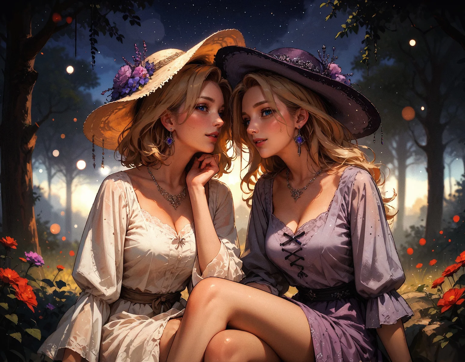 score_9, score_8_up, score_7_up, score_6_up, score_5_up, score_4_up, 2girls, mature women, friends, (beautiful face, cute face, 18 years old), blonde, short hair and long hair, soft lighting, laughing, blush, sitting, legs crossed, looking at viewer, blue eyes, hands between knees, leaning forwards, night, bokeh, moonlight, tan skin, black background