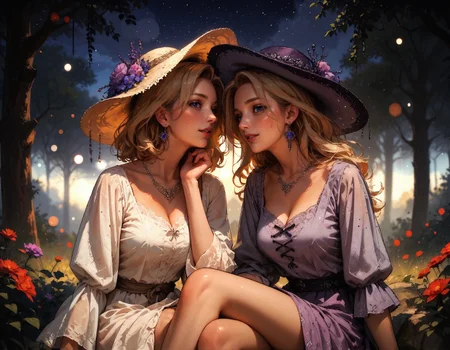 score_9, score_8_up, score_7_up, score_6_up, score_5_up, score_4_up,   2girls, mature women, friends, (beautiful face, cute face, 18 years old), blonde, short hair and long hair, soft lighting, laughing, blush, sitting, legs crossed, looking at viewer, blue eyes, hands between knees, leaning forwards, night, bokeh, moonlight, tan skin, black background