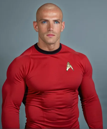 1boy, 20 year old male, Handsome, masculine, blonde, star trek, red shirt, muscle, tall, tight shirt, wide pectorals, big shoulders, wide shoulders, muscular neck, German, bald, big pale blue eyes, abs, biceps, soldier facial expression, phaser, hand,
stunf, star trek uniform,