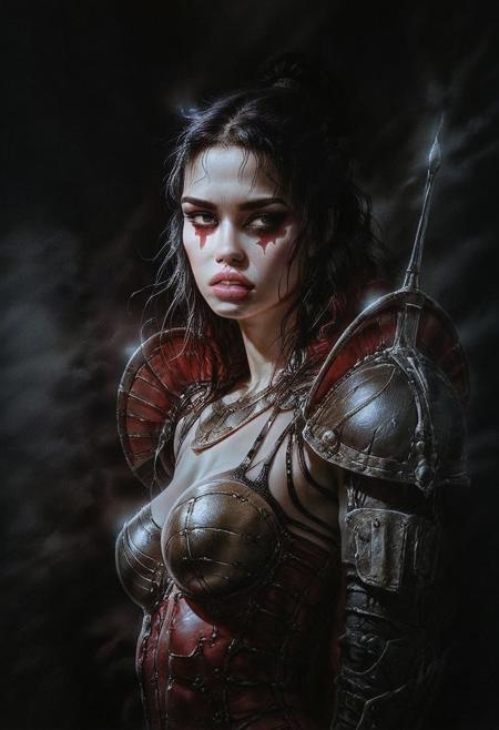 realistic, dark theme, low light, 1girl, solo.
Young beautiful face, fit body, (round breasts), 
LRArmor, Shoulder armor. ((Armor top)).