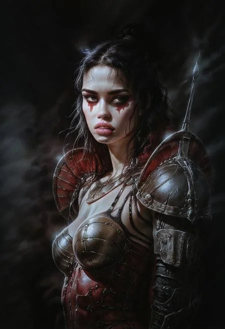 realistic, dark theme, low light, 1girl, solo.
Young beautiful face, fit body, (round breasts),
LRArmor, Shoulder armor. ((Armor top)).