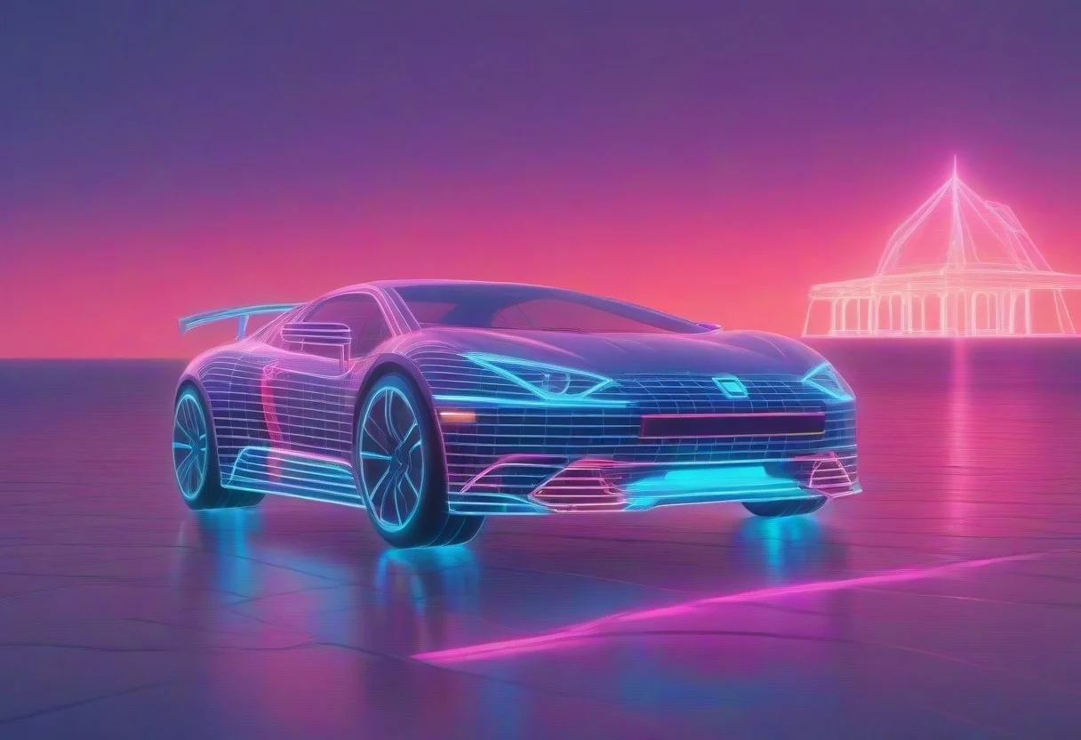 mad-vprwv  man in front of  a sportscar at the beach, sun at the neon  horizon, 1980, neon, grid, vaporwave <lora:Neon_Cyberpunk_Vaporwave_SDXL:0.8>, (masterpiece:1.2), best quality
