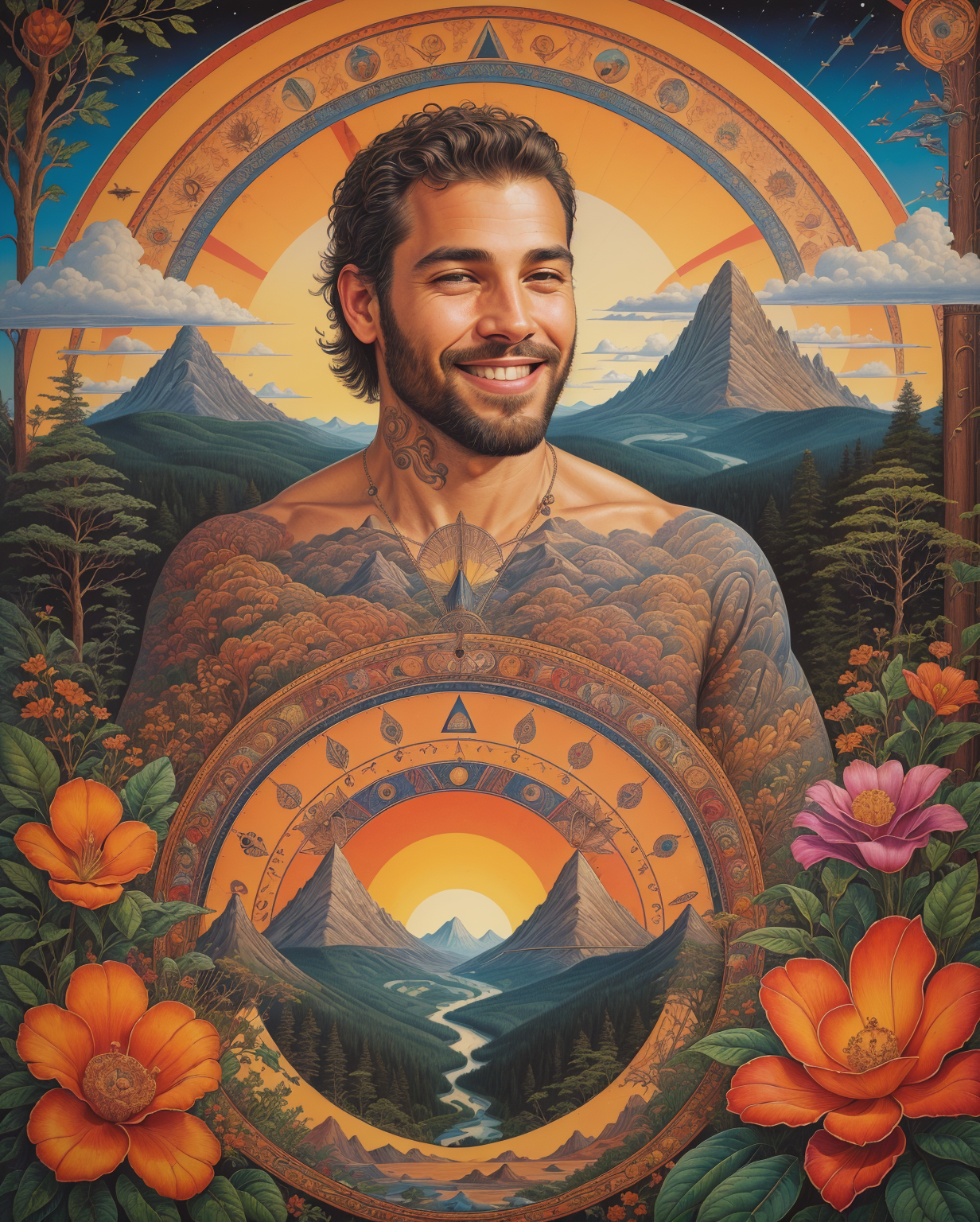 (portrait of a man, face, natural smile, side-view:1.3), <lora:wrenchgeometricgalore:0.8>tattoo, wrenchgeometricgalore, colorful-theme, geometric pattern, square, triangle, circle, mountains, trees, compass <lora:psychedelic-landscape:1> poster, psychedelic landscape