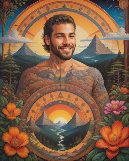 (portrait of a man, face, natural smile, side-view:1.3), <lora:wrenchgeometricgalore:0.8>tattoo, wrenchgeometricgalore, colorful-theme, geometric pattern, square, triangle, circle, mountains, trees, compass <lora:psychedelic-landscape:1> poster, psychedelic landscape