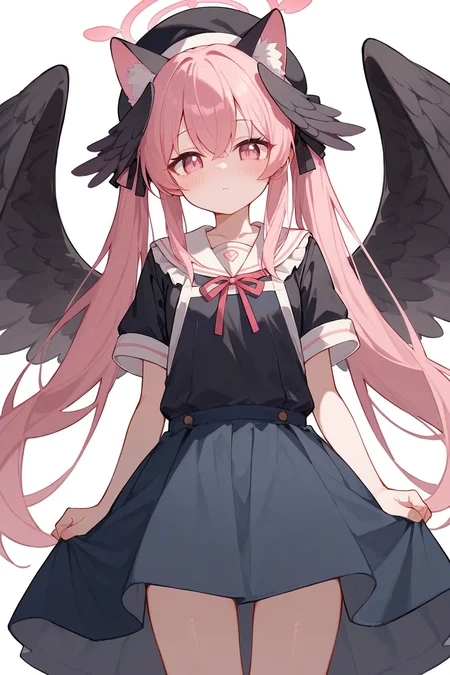 (score_9,score_8_up,score_7_up),1girl,koharu (blue archive),pink hair,head wings,wings,twintails,black wings,hat,pink eyes,halo,socks,feathered wings,black headwear,beret,long hair,winged hat,bangs,long sleeves,school uniform,low wings,1girl,animal ears,long hair,twintails,skirt,short sleeves,animal ear fluff,cat ears,looking at viewer,shirt,blush,very long hair,black shirt,bangs,ribbon,hair ribbon,apron,hair between eyes,closed mouth,cowboy shot,blue skirt,
good feet,anime,NSFW,expressive,amazing quality,ultra hd 32k,