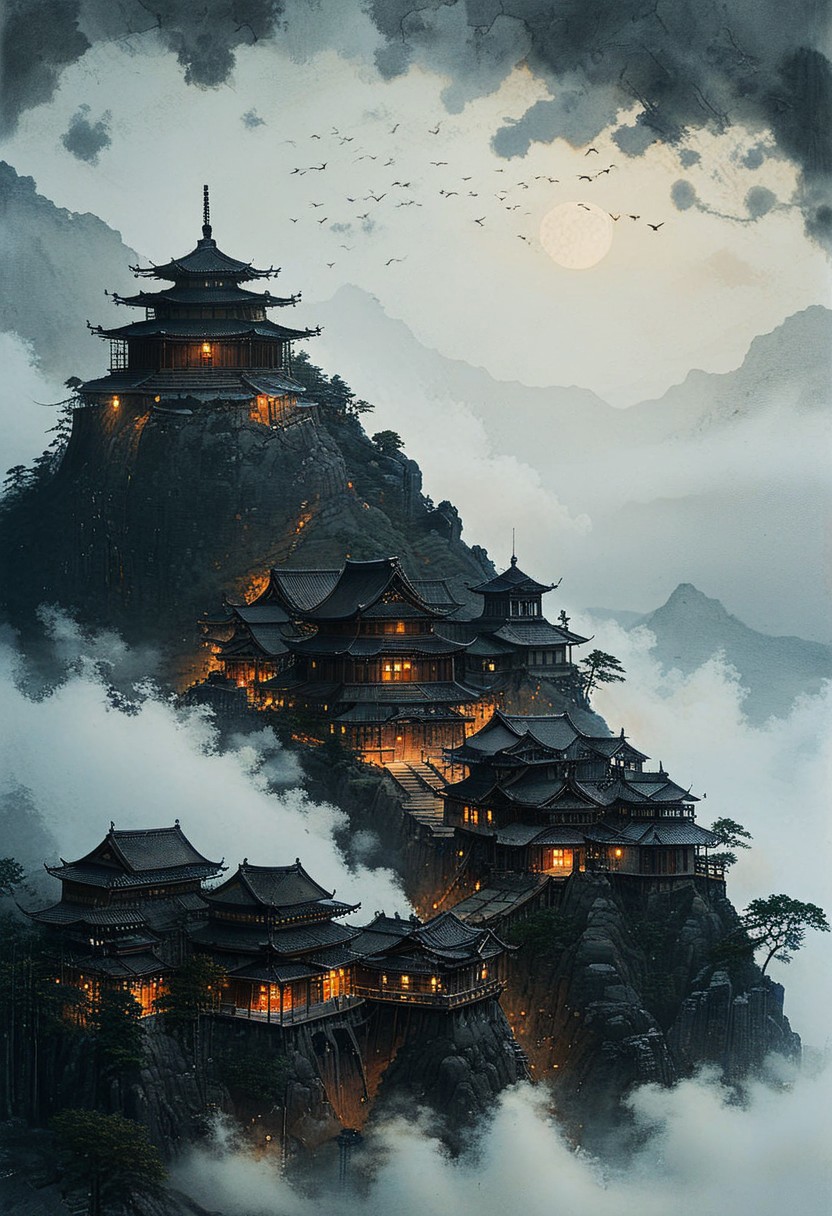 <lora:Shingles_SDXL:0.80> Japanese temple made of mad-shingles
<lora:add-detail-xl:1> , <lora:aidmaImageUpgraderSDXL-v0.3:0.75> aidmaimageupgrader, <lora:xl_more_art-full_v1:1>,   <lora:tbh162-sdxl:1> style of Kawanabe Kyosai
fortress wall around, japanese fortress, big stronghold on a hill, shrine, religious place, mythological place, fog, thick fog,  cloudy sky, dark brooding mood