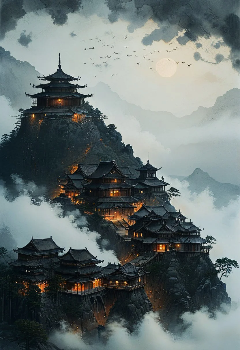 <lora:Shingles_SDXL:0.80> Japanese temple made of mad-shingles
<lora:add-detail-xl:1> , <lora:aidmaImageUpgraderSDXL-v0.3:0.75> aidmaimageupgrader, <lora:xl_more_art-full_v1:1>,   <lora:tbh162-sdxl:1> style of Kawanabe Kyosai
fortress wall around, japanese fortress, big stronghold on a hill, shrine, religious place, mythological place, fog, thick fog,  cloudy sky, dark brooding mood